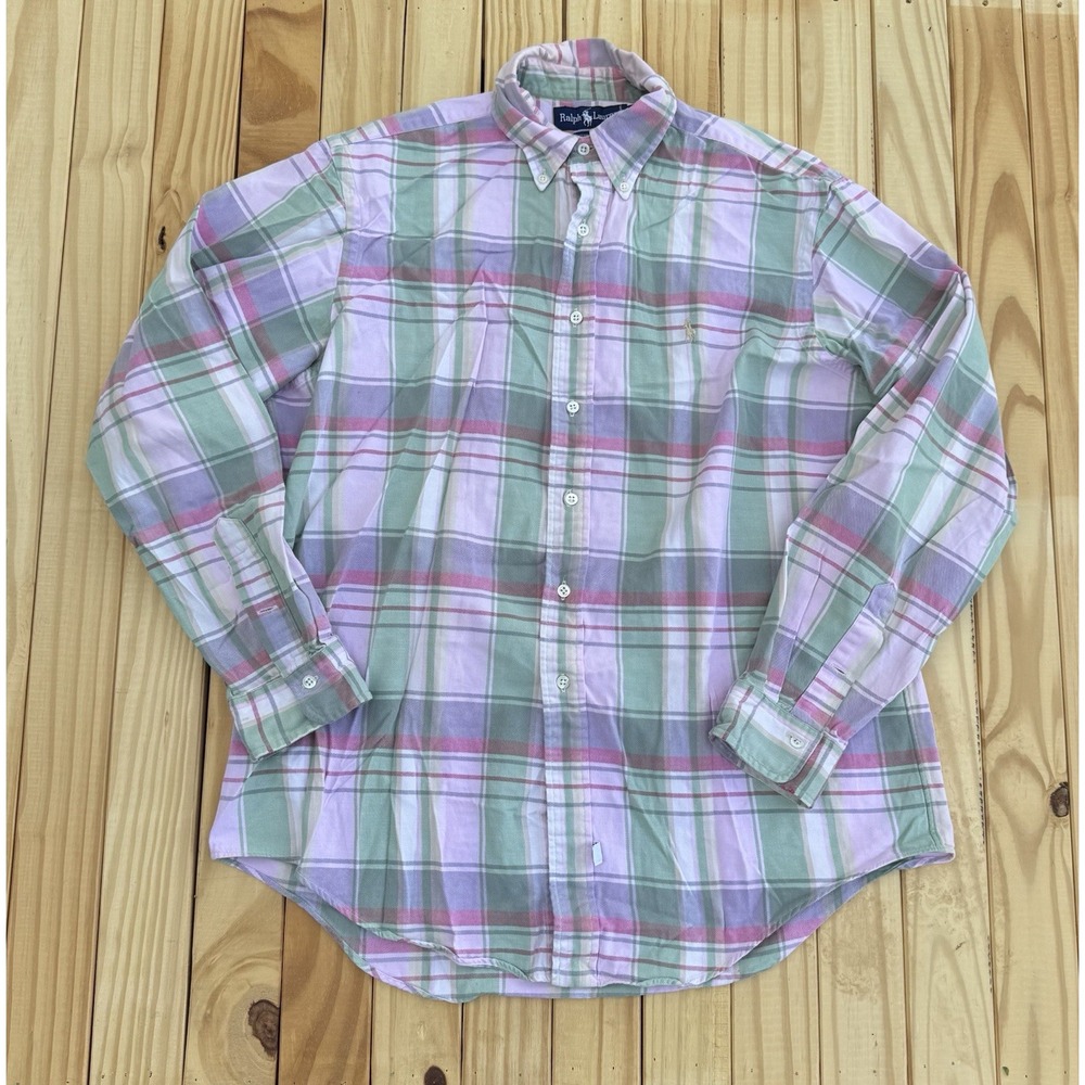 Polo Ralph Lauren Mens Large PINK PLAID LOGO PREPPY OXFORD CLASSIC PASTEL *READ*